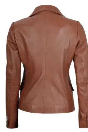 Double Breasted Cognac Brown Leather Blazer Womens