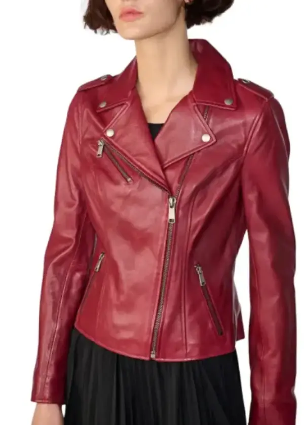 Asymmetrical Leather Womens Red Motorcycle Jacket 4 Asymmetrical Leather Womens Red Motorcycle Jacket - Image 4