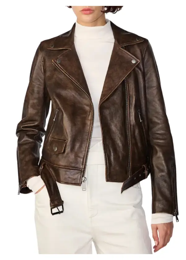 Asymmetrical Biker Vintage Brown Leather Jacket Womens 1 New Project