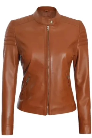 Quilted Cafe Racer Leather Tan Biker Jacket Womens