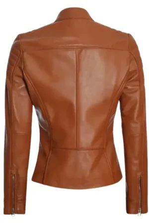 Quilted Cafe Racer Leather Tan Biker Jacket Womens