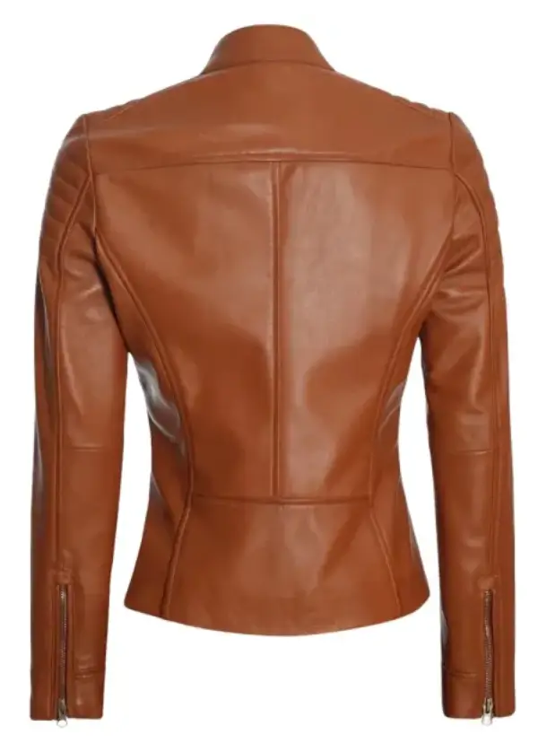 Quilted Cafe Racer Leather Tan Biker Jacket Womens 3 Quilted Cafe Racer Leather Tan Biker Jacket Womens - Image 3