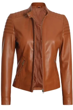 Quilted Cafe Racer Leather Tan Biker Jacket Womens