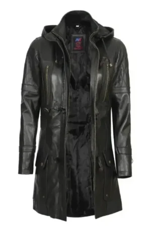 Real Lambskin Black Hooded Leather Coat Womens