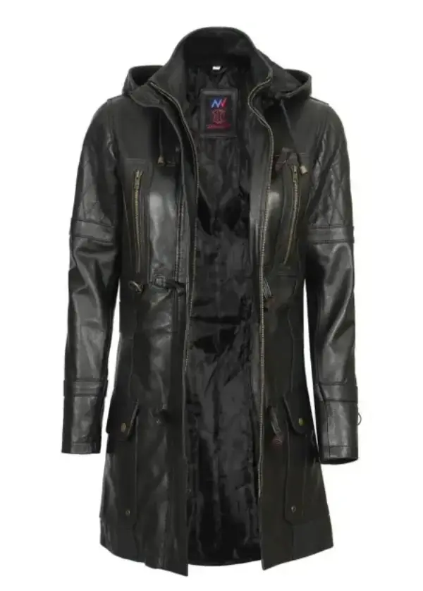 Real Lambskin Black Hooded Leather Coat Womens 2 Real Lambskin Black Hooded Leather Coat Womens - Image 2