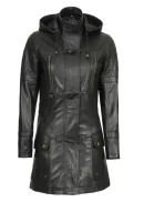 Real Lambskin Black Hooded Leather Coat Womens