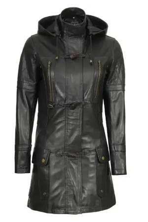 Real Lambskin Black Hooded Leather Coat Womens