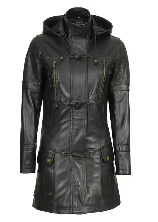 Real Lambskin Black Hooded Leather Coat Womens 1 Real Lambskin Black Hooded Leather Coat Womens