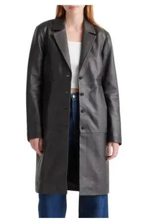 Real Lambskin Black Leather Trench Coat Womens