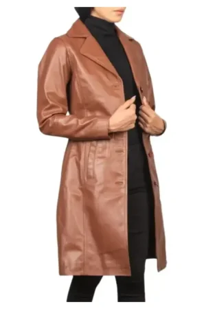 Real Lambskin Brown Leather Trench Coat Womens