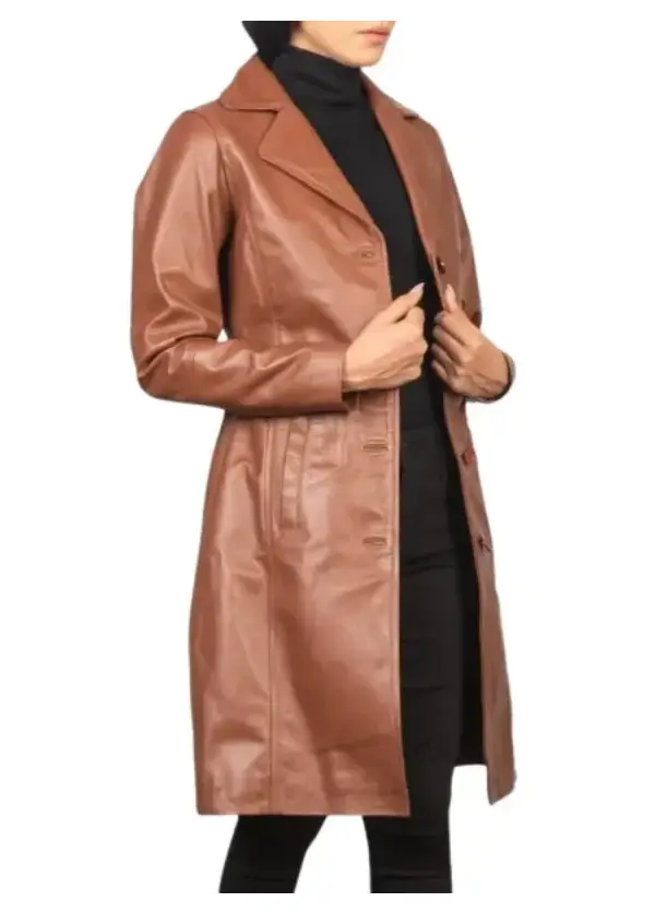 Real Lambskin Brown Leather Trench Coat Womens 2 Real Lambskin Brown Leather Trench Coat Womens
