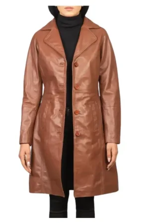 Real Lambskin Brown Leather Trench Coat Womens