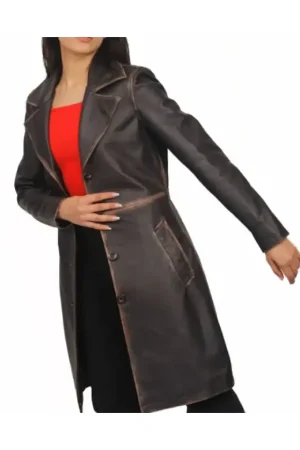 Real Lambskin Distressed Brown Leather Coat Womens