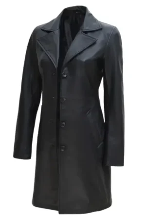 Real Lambskin Long Black Petite Leather Coat Womens