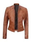 Slim Fit Tan Leather Biker Jacket Womens