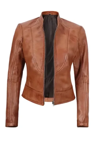 Slim Fit Tan Leather Biker Jacket Womens