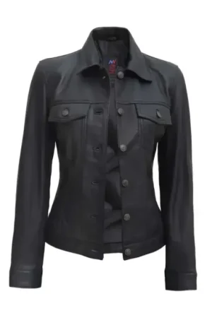 Trucker Black Leather Jacket Womens