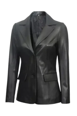 Two Button Black Leather Blazer Womens
