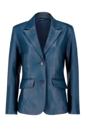 Two Button Blue Leather Blazer Womens