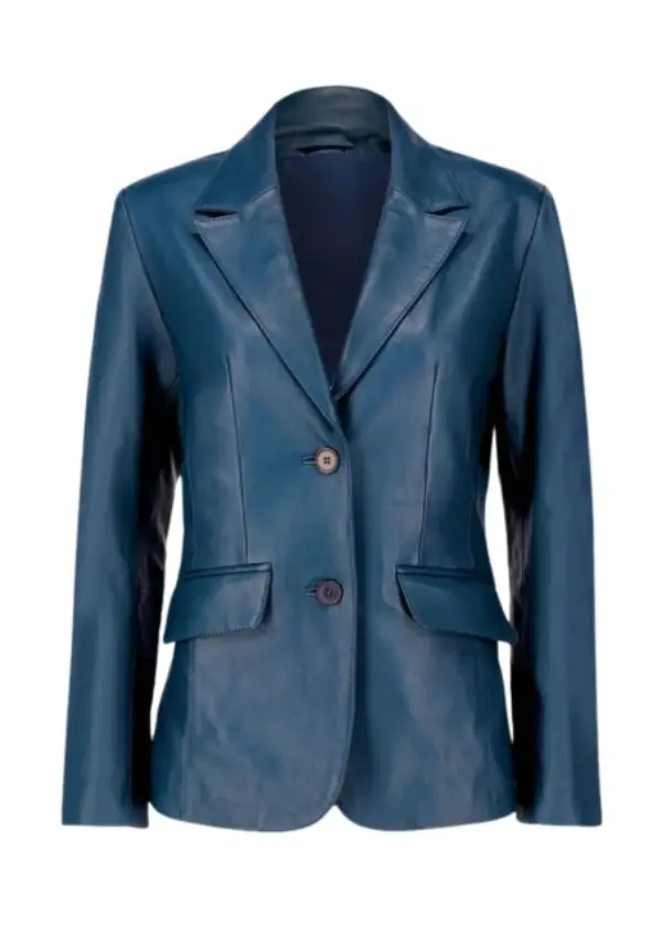Two Button Blue Leather Blazer Womens 1 Two Button Blue Leather Blazer Womens