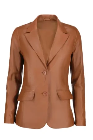 Two Button Cognac Brown Leather Blazer Womens