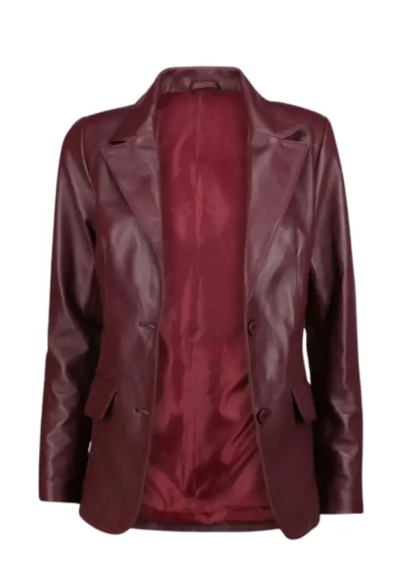 Two Button Leather Burgundy Blazer Womens 2 Two Button Leather Burgundy Blazer Womens