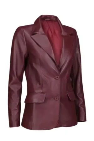 Two Button Leather Burgundy Blazer Womens