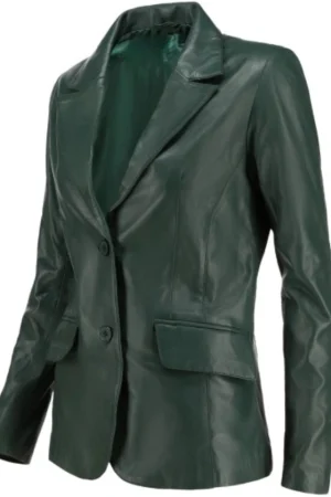 Two Button Womens Green Leather Blazer