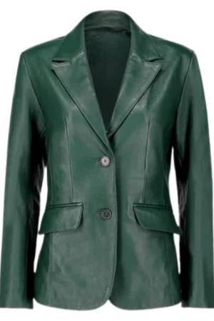 Two Button Womens Green Leather Blazer3
