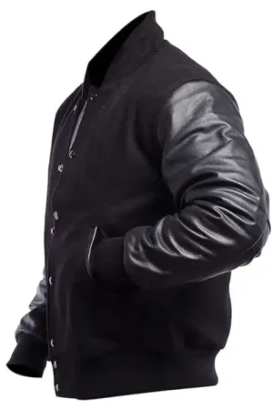 Unisex Black Varsity Letterman Jacket With Leather Sleeves