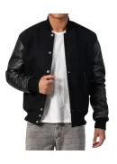 Unisex Wool Black Varsity Jacket With Leather Sleeves