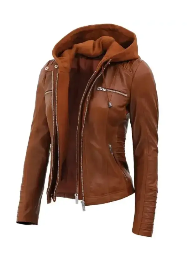 Women Cognac Leather Jacket With Removable Hood 2 Women Cognac Leather Jacket With Removable Hood