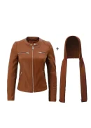 Women Cognac Leather Jacket With Removable Hood