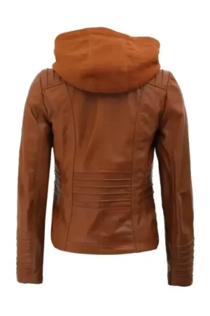Women Cognac Leather Jacket With Removable Hood