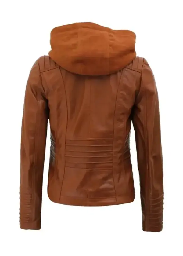 Women Cognac Leather Jacket With Removable Hood 3 Women Cognac Leather Jacket With Removable Hood - Image 3