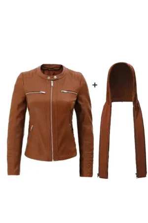 Women Cognac Leather Jacket With Removable Hood