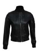 Women Real Sheep Leather Bomber Jacket Black