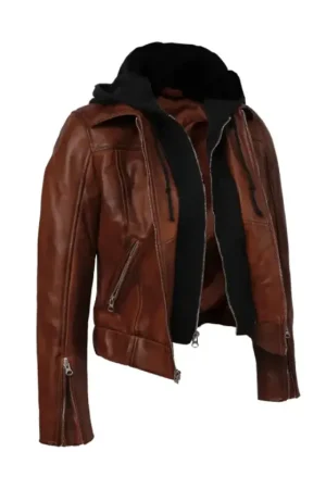 Women Sheep Leather Hooded Bomber Jacket