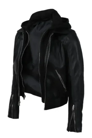Women Sheep Leather Hooded Bomber Jacket Black