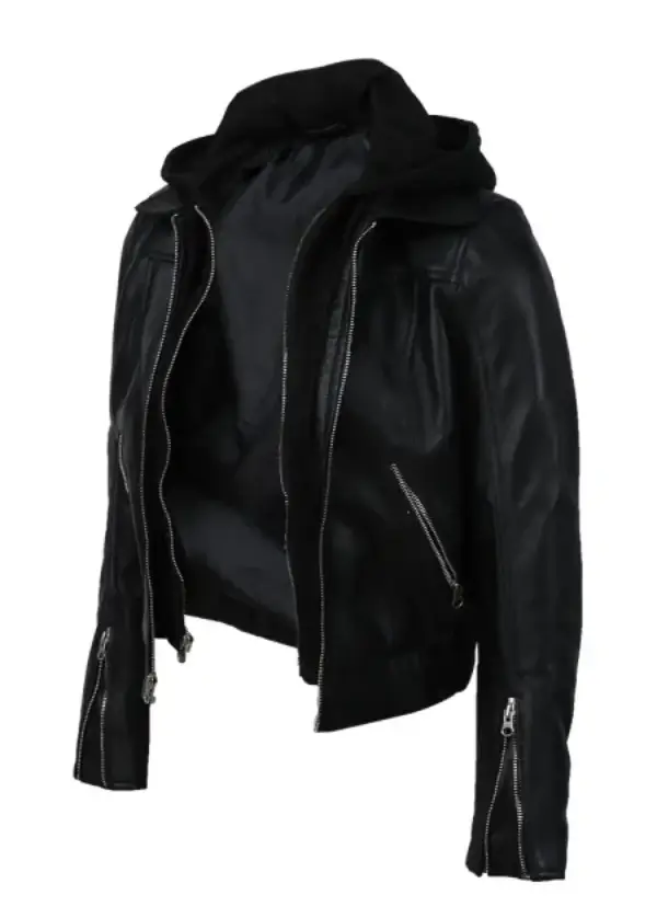 Women Sheep Leather Hooded Bomber Jacket Black 2 Women Sheep Leather Hooded Bomber Jacket Black
