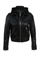 Women Sheep Leather Hooded Bomber Jacket Black
