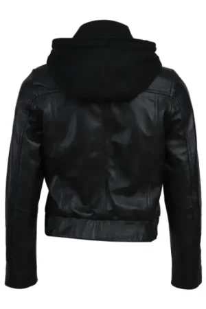 Women Sheep Leather Hooded Bomber Jacket Black
