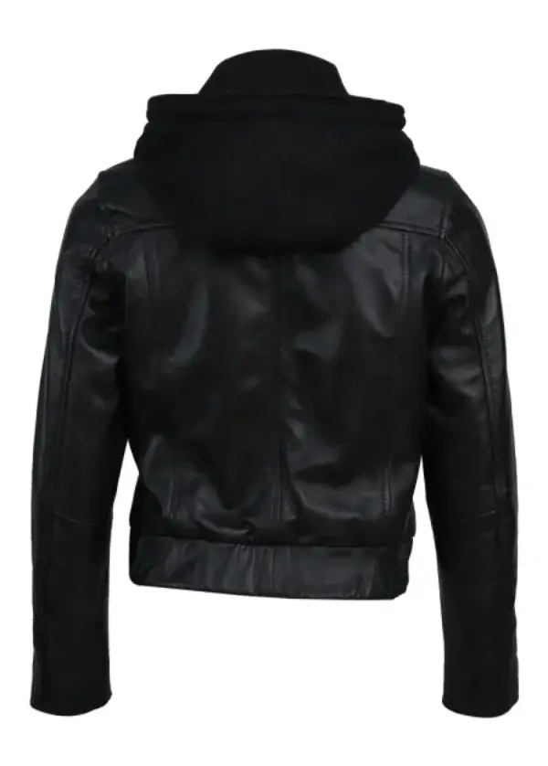 Women Sheep Leather Hooded Bomber Jacket Black 3 Women Sheep Leather Hooded Bomber Jacket Black - Image 3