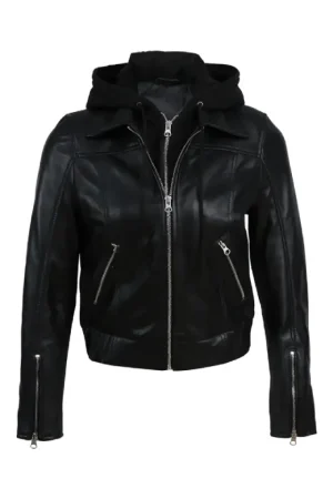 Women Sheep Leather Hooded Bomber Jacket Black