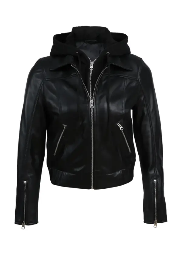 Women Sheep Leather Hooded Bomber Jacket Black 1 Women Sheep Leather Hooded Bomber Jacket Black