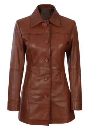 Women’s 3/4 Length Leather Cognac Brown Coat – Limited Stock