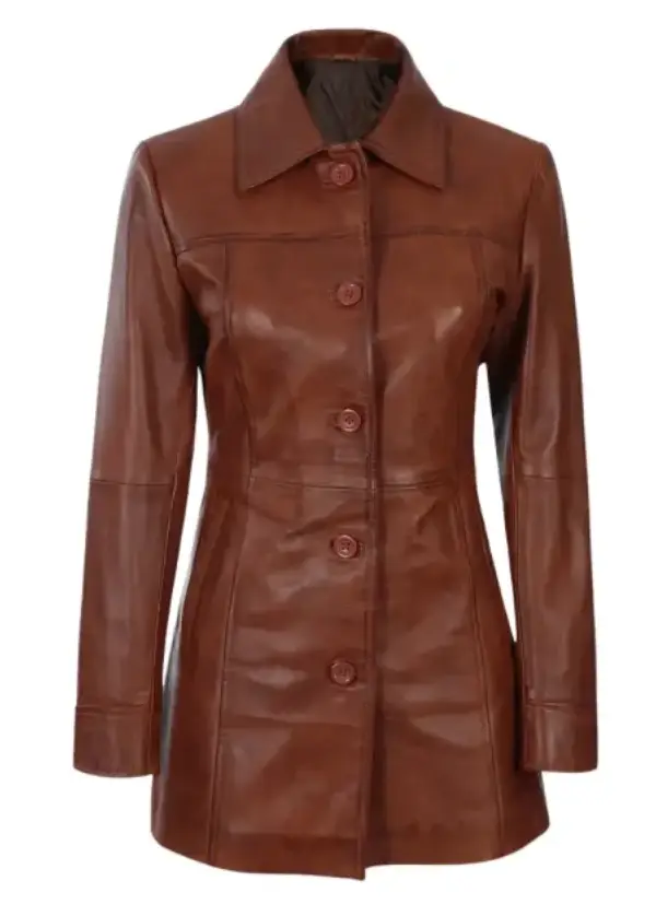 Women’s 3/4 Length Leather Cognac Brown Coat – Limited Stock 2 Women’s 3/4 Length Leather Cognac Brown Coat – Limited Stock
