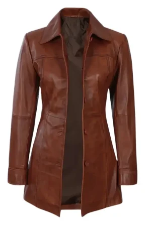 Women’s 3/4 Length Leather Cognac Brown Coat – Limited Stock