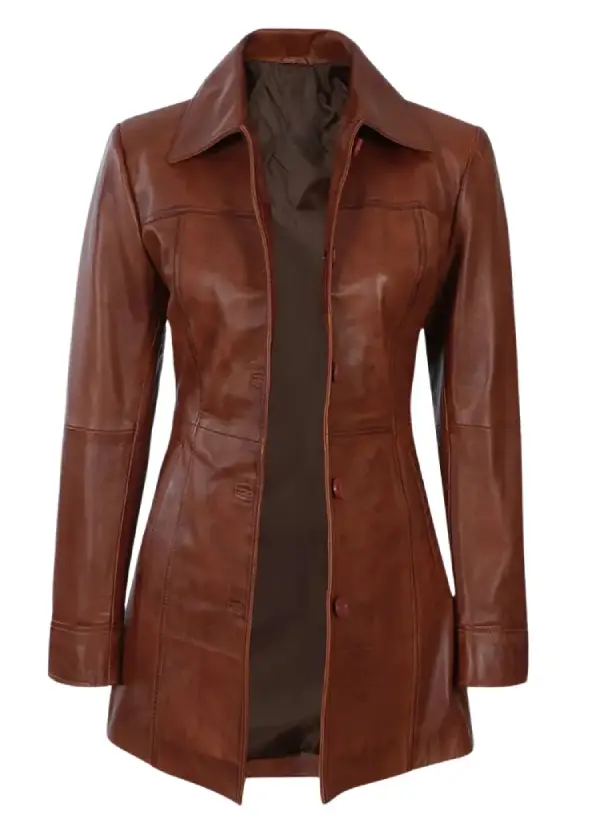 Women’s 3/4 Length Leather Cognac Brown Coat – Limited Stock 1 Women’s 3/4 Length Leather Cognac Brown Coat – Limited Stock