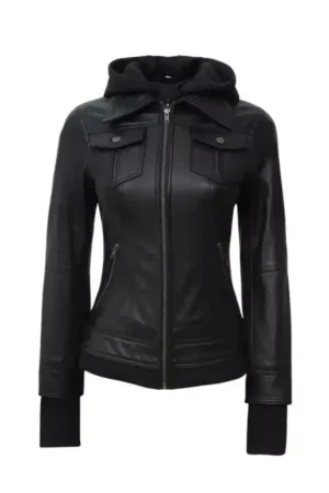 Womens Brown Hooded Leather Coat – Removable Sherpa Hood